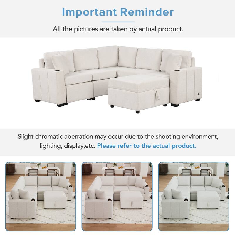 Convertible Sectional Sofa with Pull-out Sofa Bed and Dual Cup Holders