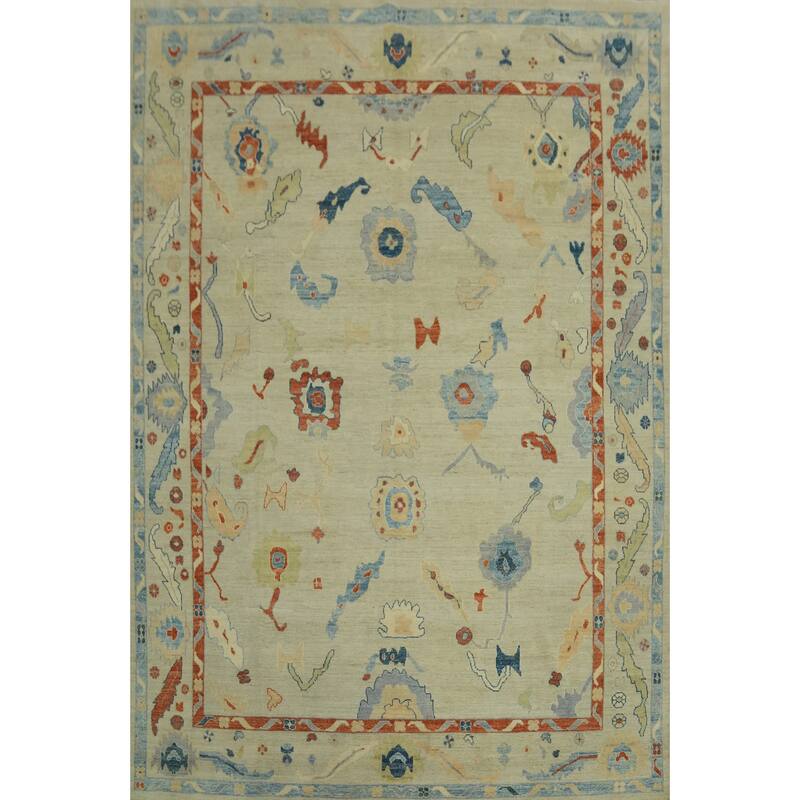 Handmade Wool Oushak Vegetable Dye Area Rug, Floral Geometric Carpet - 11' 8'' X 8' 9''