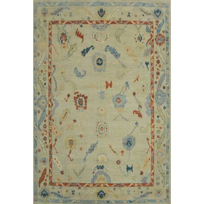 Handmade Wool Oushak Vegetable Dye Area Rug, Floral Geometric Carpet - 11' 8'' X 8' 9''