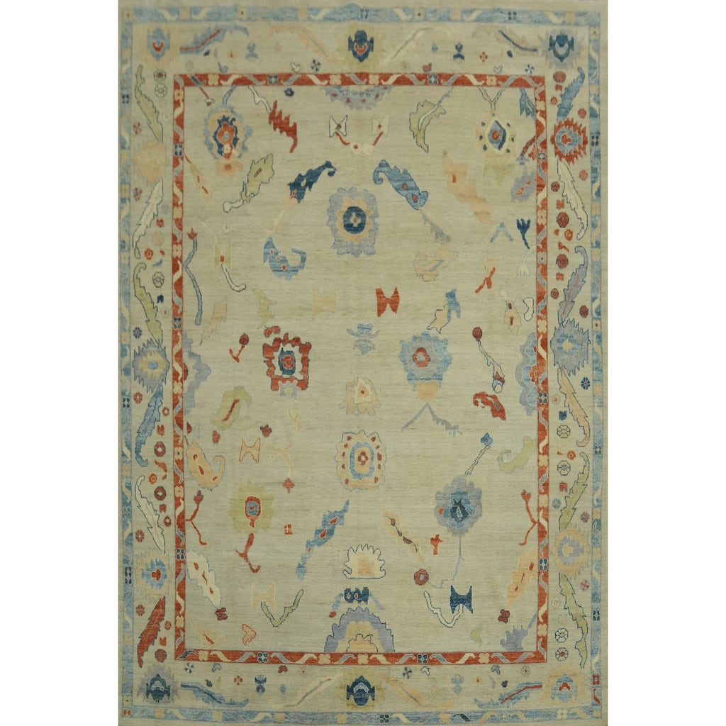 Handmade Wool Oushak Vegetable Dye Area Rug, Floral Geometric Carpet - 11' 8'' X 8' 9''