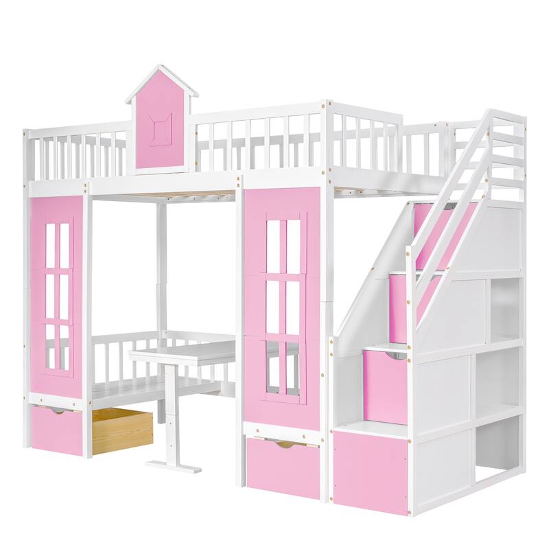 Bunk Bed with Changeable Table , Bunk Bed Turn into Upper Bed and Down Desk with 2 Drawers