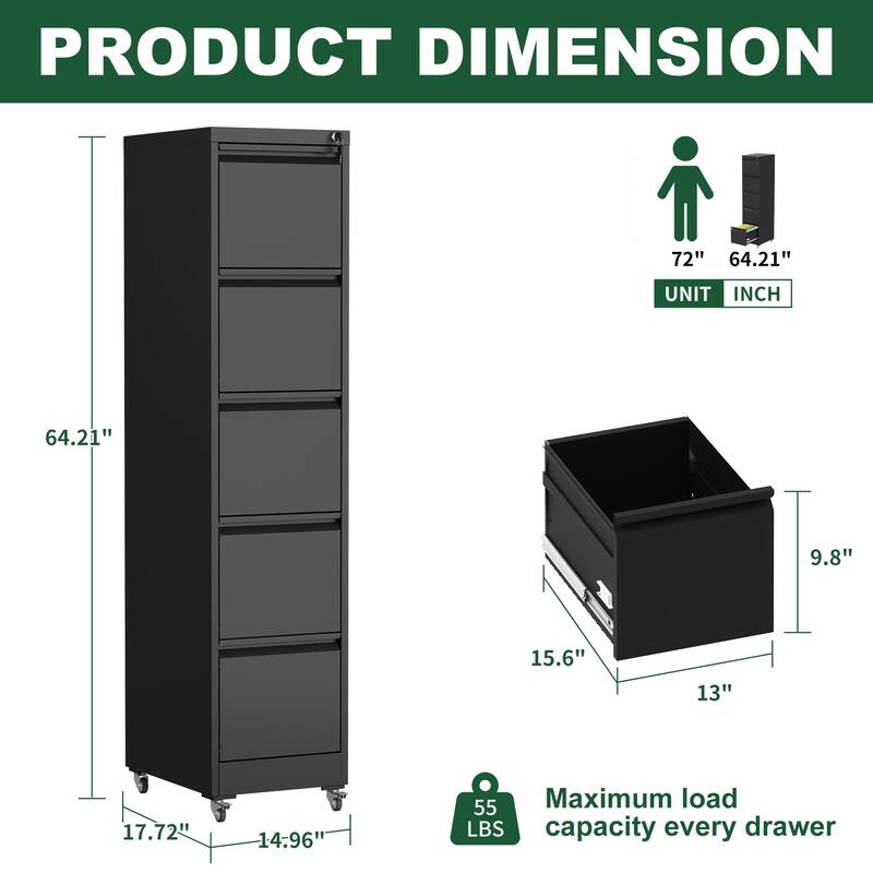 5 Drawer Metal Vertical File Cabinet with Lock on Wheels for Home Office,Heavy Duty Metal Storage Cabinet - Black