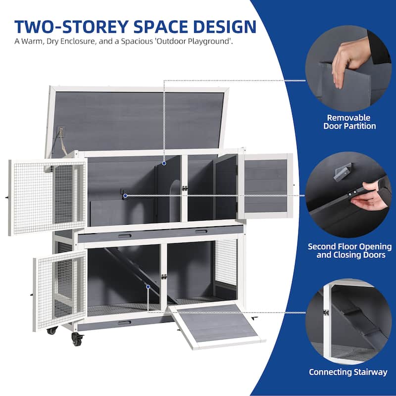 Moasis 41-inch 2-Tier Wooden Rabbit Hutch Bunny Cage with Removable Tray and Wheels