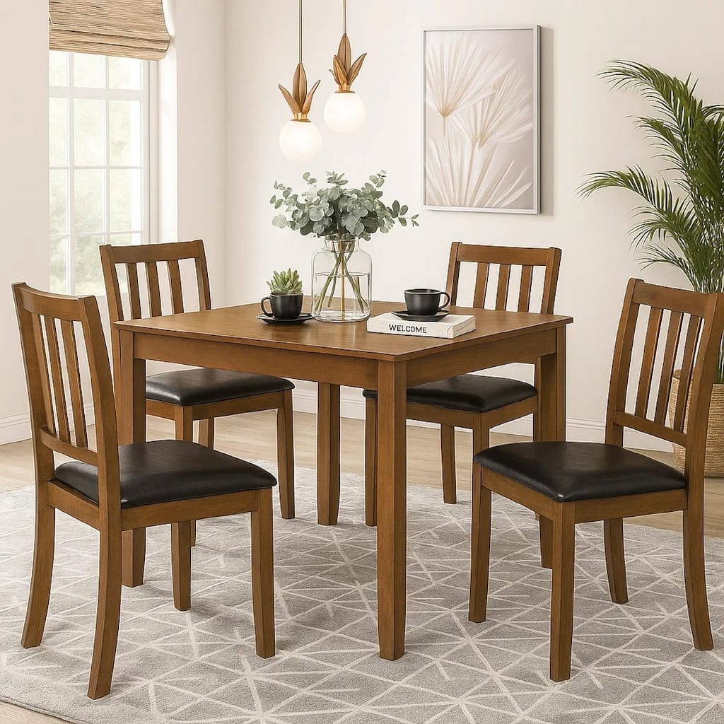 Panos 5pc Dining Table Set with 4 Chairs, Brown, Black Faux Leather