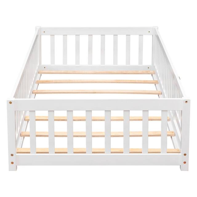 Twin/Full/Queen size Floor Platform Bed with Fence and Door for Kids, Toddlers