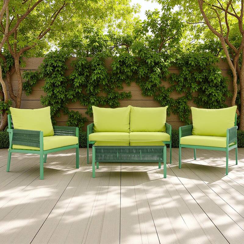 4-Piece Outdoor Patio Rope Conversation Sofa Set with Tempered Glass Table - Green