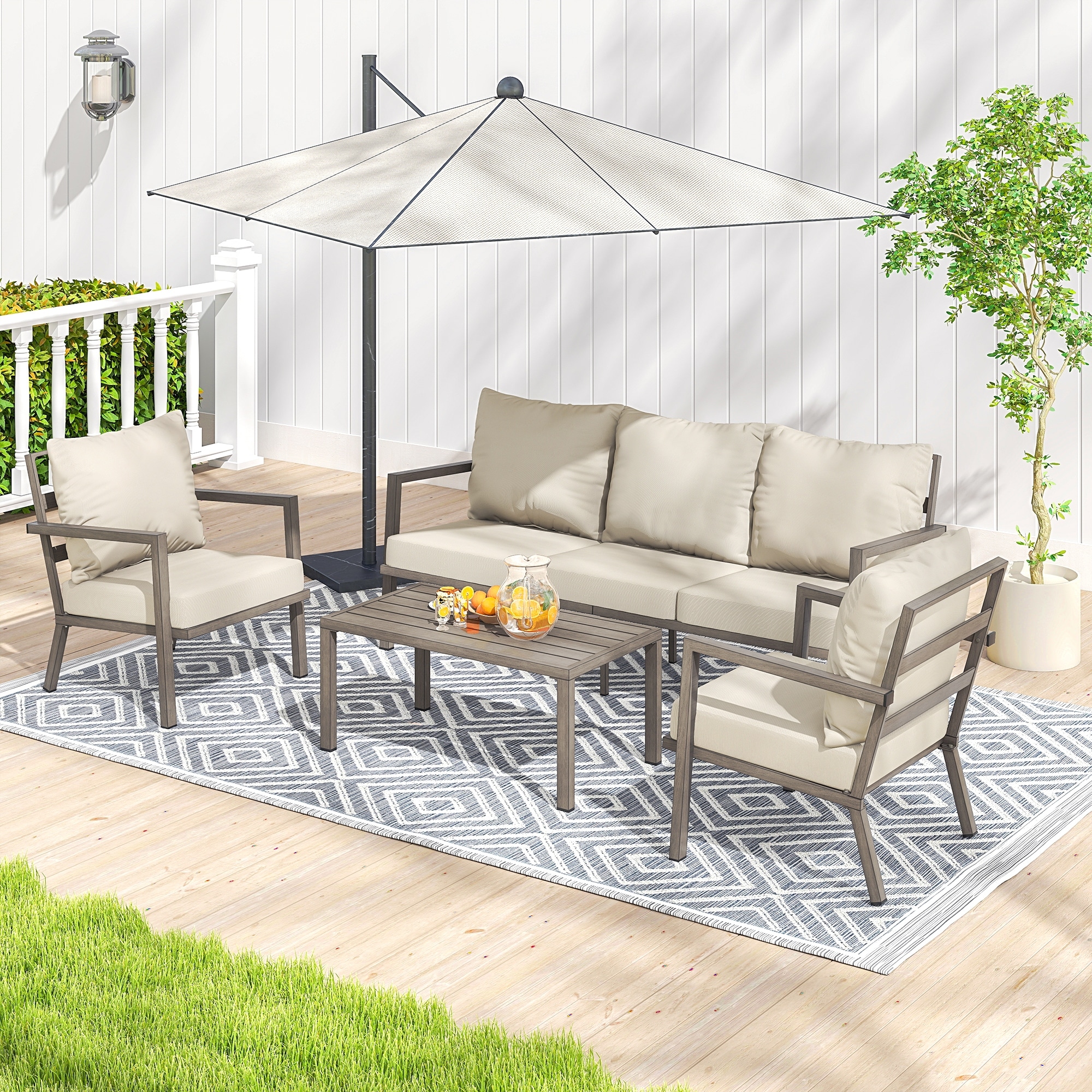 MornLift 4-Piece Aluminum Outdoor Patio Conversation Set with Beige Cushions, Sofa and Coffee Table