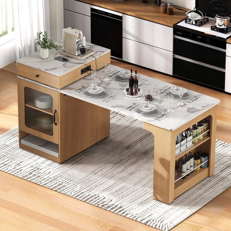 59.5" Kitchen Island with Extendable Dining Table Double-sided Storage and Built-in Power Outlet for Kitchen, Dining Room