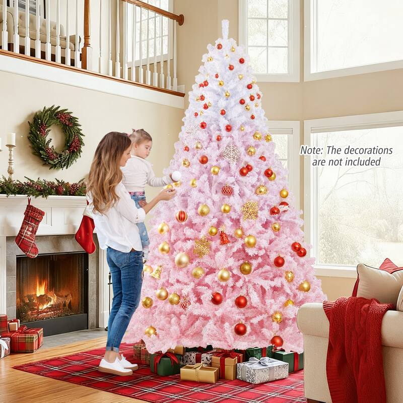 Gymax Artificial Christmas Tree Hinged Snow Flocked Xmas Tree w/ - Pink, White
