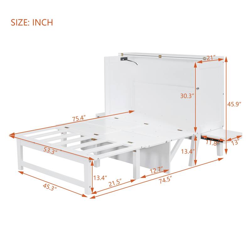 Murphy Bed Platform Bed with USB Port & Removable Shelves On Each Side