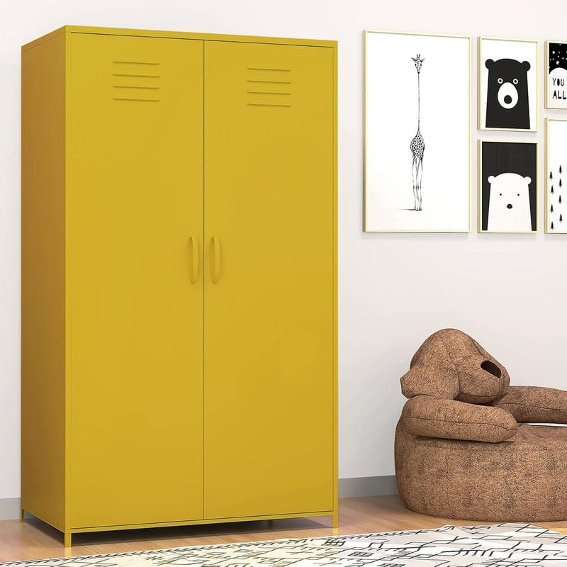 Double Doors Metal Locker Cabinet Storage with Hanging Rod and Shelves for Bedroom School Classroom