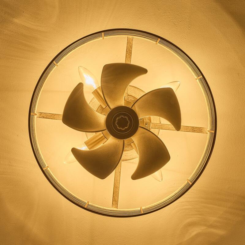 18" Antique White Caged 4-Light Low-Profile Flush Mount Ceiling Fan with Remote