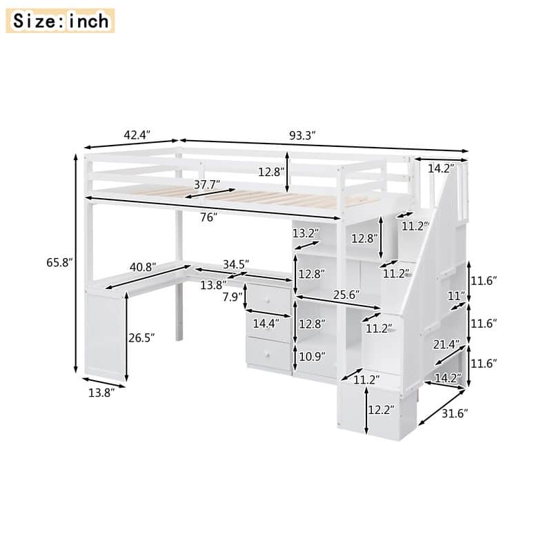 Twin Size Loft Bed with L-Shaped Desk and Drawers, Cabinet and Storage Staircase