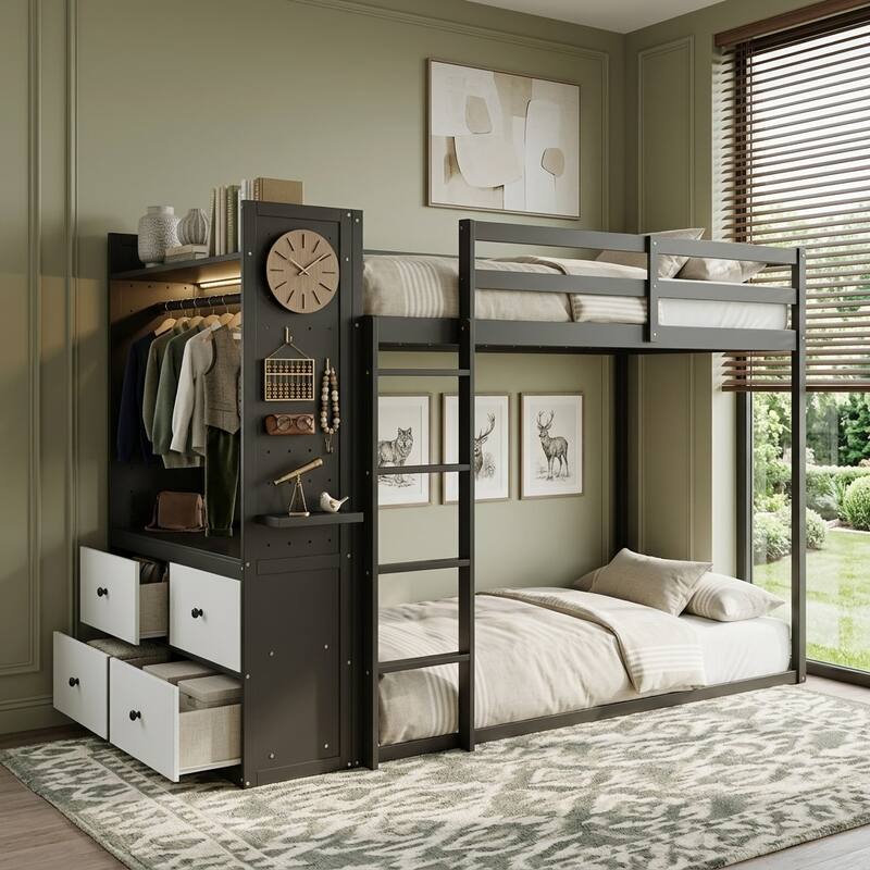 Twin Bunk Bed with Storage, Shelves, and LED Light Strip by Harper&Bright Designs - Black