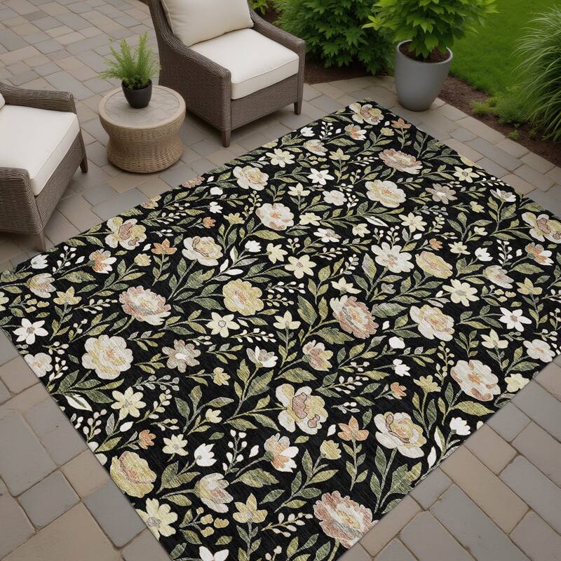 Machine Washable Indoor/ Outdoor Floral Garden Chantille Rug