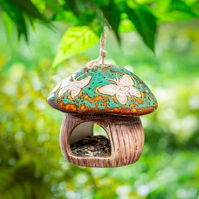 Ceramic Fantasy Green Mushroom Bird Feeder