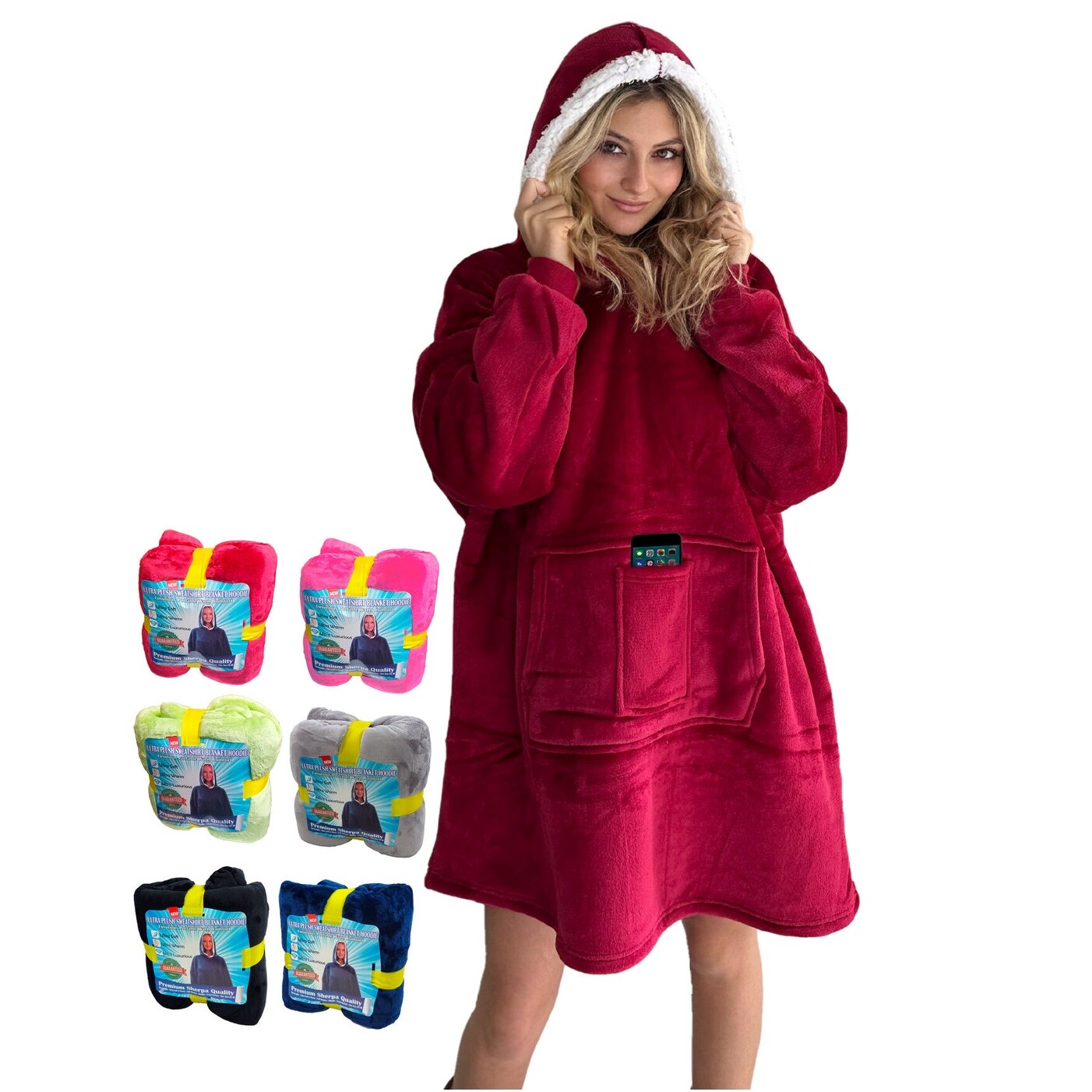Wearable Hoodie Blanket Oversized Sherpa Fleece Sweatshirt In One TV Blanket Red