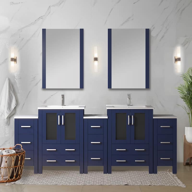 Lexora Volez 84 Inch Bathroom Vanity Cabinet in Navy Blue with Top and Mirror - Polished - Blue - Double Vanities
