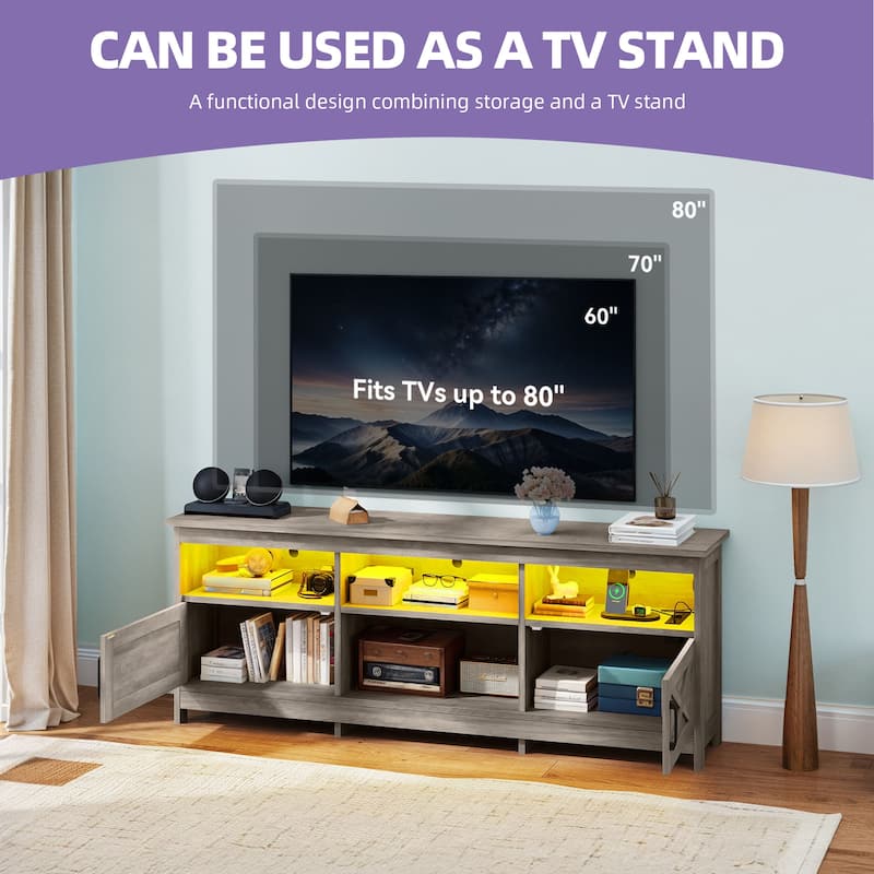 Moasis Farmhouse 70"W TV Stand with LED Lights, Outlets