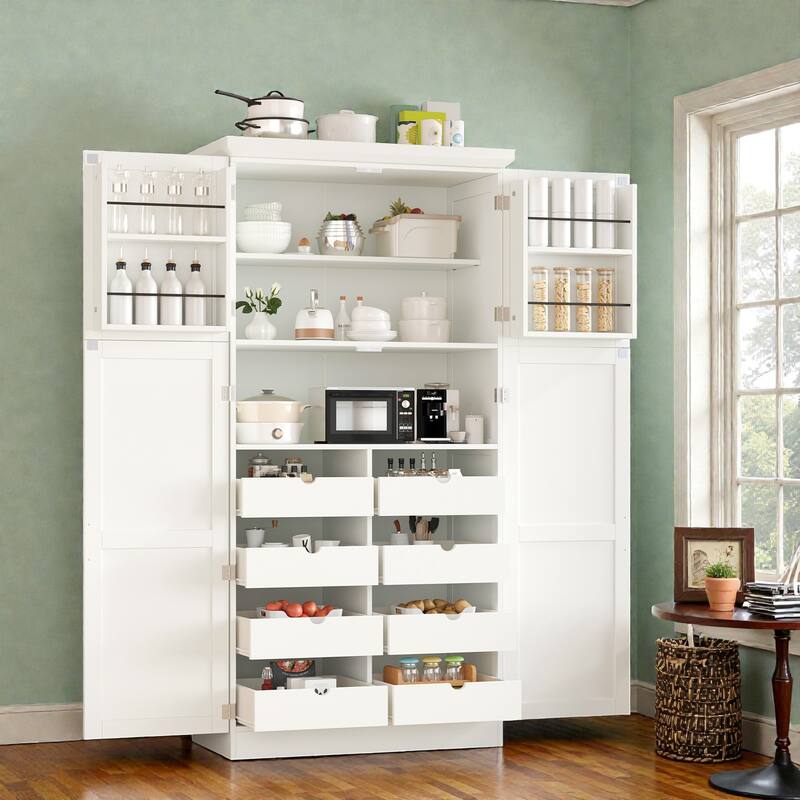 35.5 Inch Freestanding Kitchen Pantry Cabinet with 4 Doors, 8 Pull-Out Trays, Adjustable Shelves, Tall Dining Storage Organizer