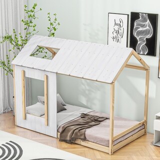 Twin House Platform Bed, White + Grey - Fun & Sturdy Design