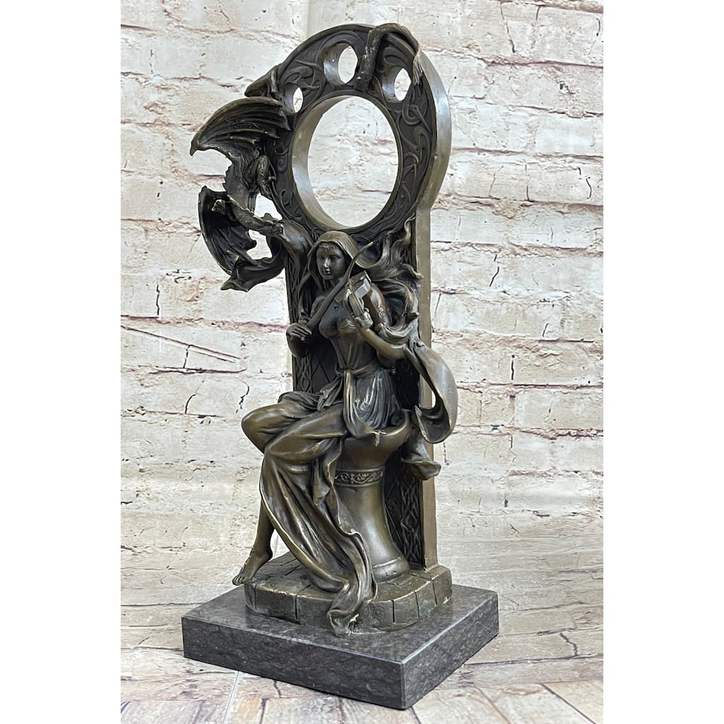 Dragon Girl Playing Violin - Bronze Sculpture Statue Fantasy Art