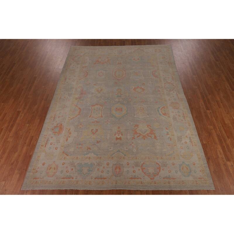 Beige Oushak Turkish Area Rug Hand-Knotted Wool Carpet - 8'9"x 11'10"