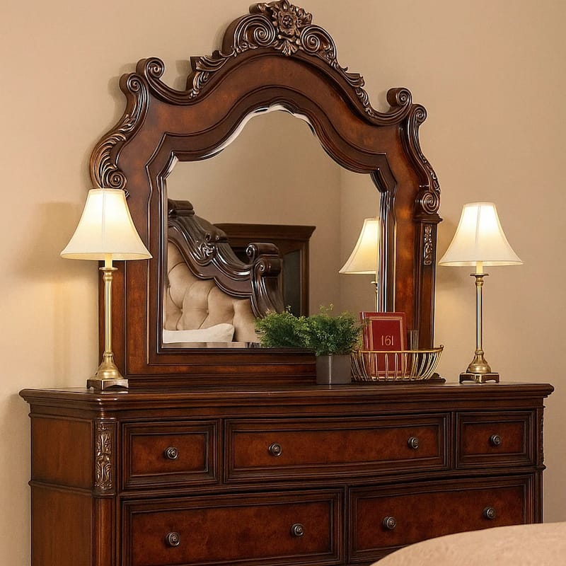 Iliana Dresser Mirror, Beveled Glass, Ornate Oak and Dark Cherry Brown, 48x54 - Cherry Brown, Oak Brown, Gold