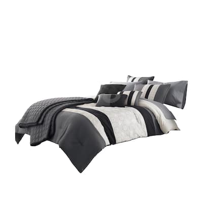 7 Piece Queen Cotton Comforter Set with Geometric Print, Gray and Black