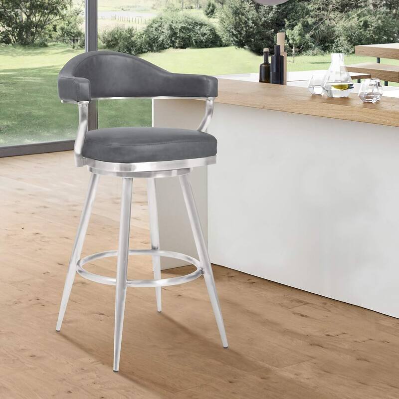 26 Inch Counter Height Bar Stool with Brushed Steel Frame and Grey Faux Leather Seat, Modern Kitchen Island Stool