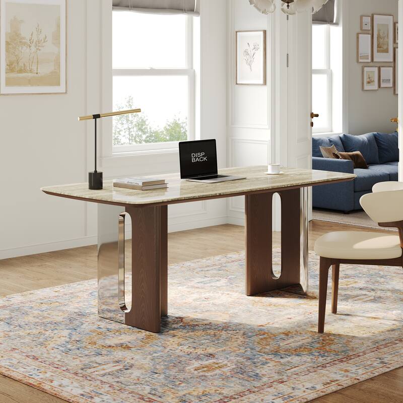 Modern 63" Retangular Wrining Desk, Faux Marble Table Top Desk With Double Legs