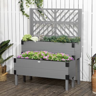 Raised Garden Bed with Trellis, 2 Tier Wooden Elevated Planter Box with Legs and Metal Corners for Vegetables Flowers, Gray