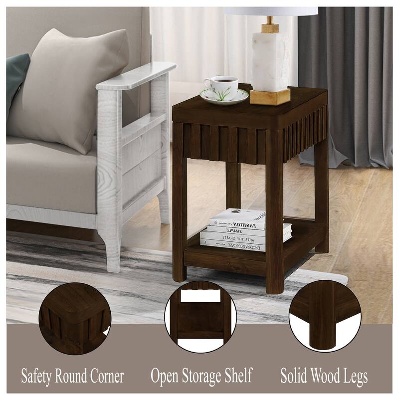 25'' Rectangular Farmhouse End Table with Storage Shelf, Sofa Side Table with Solid Wood Legs for Living Room, Bedroom, Office