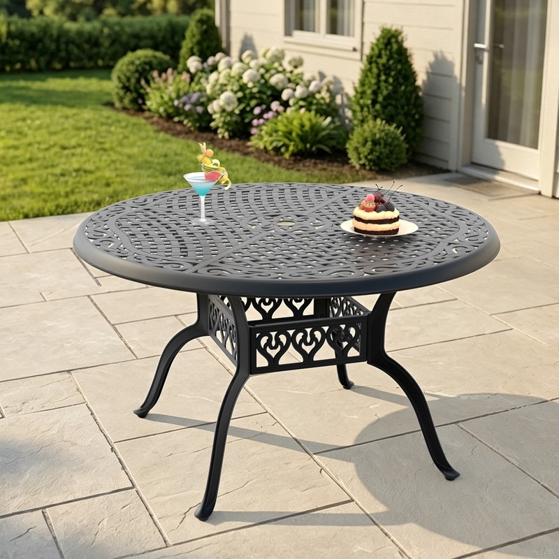 Black Cast Aluminum Outdoor Patio Round Dining Table with Umbrella Hole