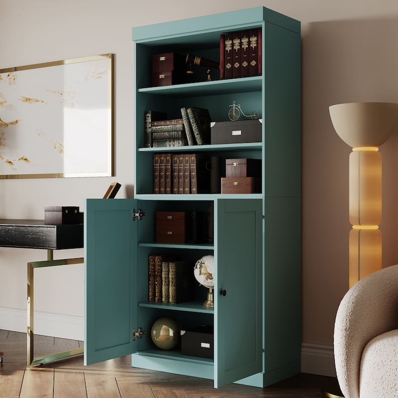 Solid Wood Tall Bookcase with Doors, Adjustable Shelves, Modular Storage, Open Display Bookshelf, 32" W x 71.5" H - Aqua Blue