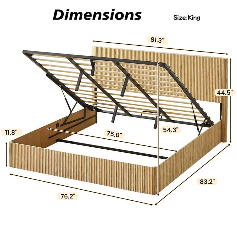 Lift Up Storage Platform Bed with Hydraulic Mechanism, Curved Corrugated Wooden Panels, No Box Spring Required