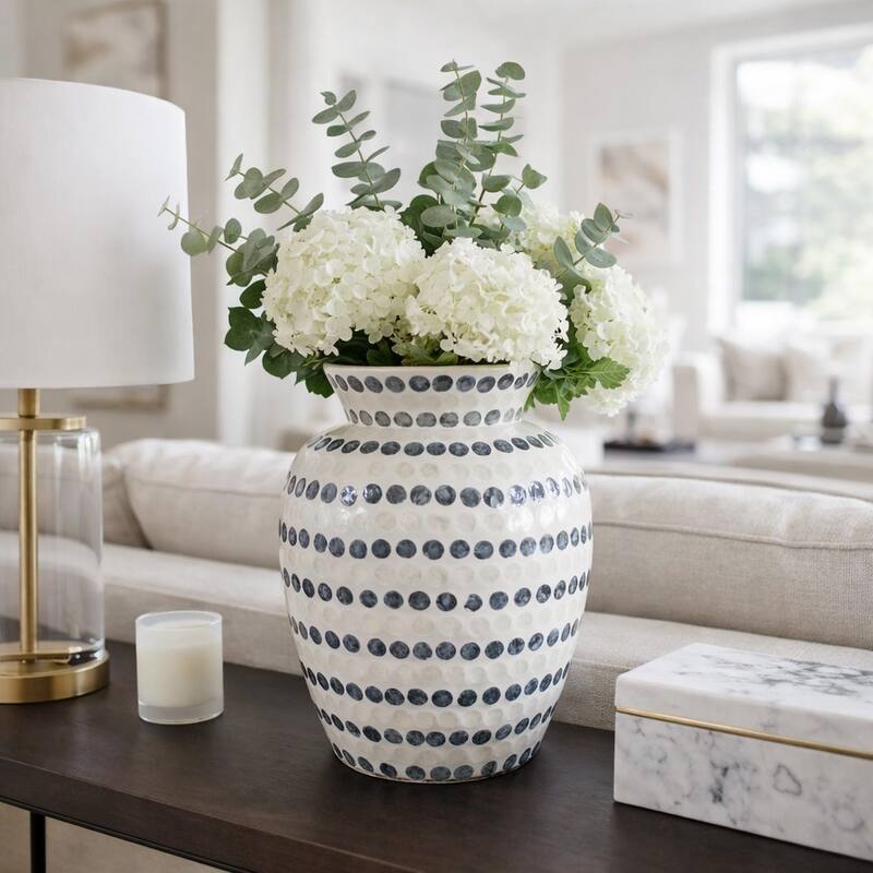 Decorative Vase - Shell Coastal Capiz Dots - Ivory and Blue - 16.0"