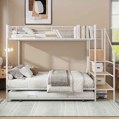 Twin Over Full Metal Bunk Bed with Built-In Storage Ladder and Wardrobe, Space-Saving Design