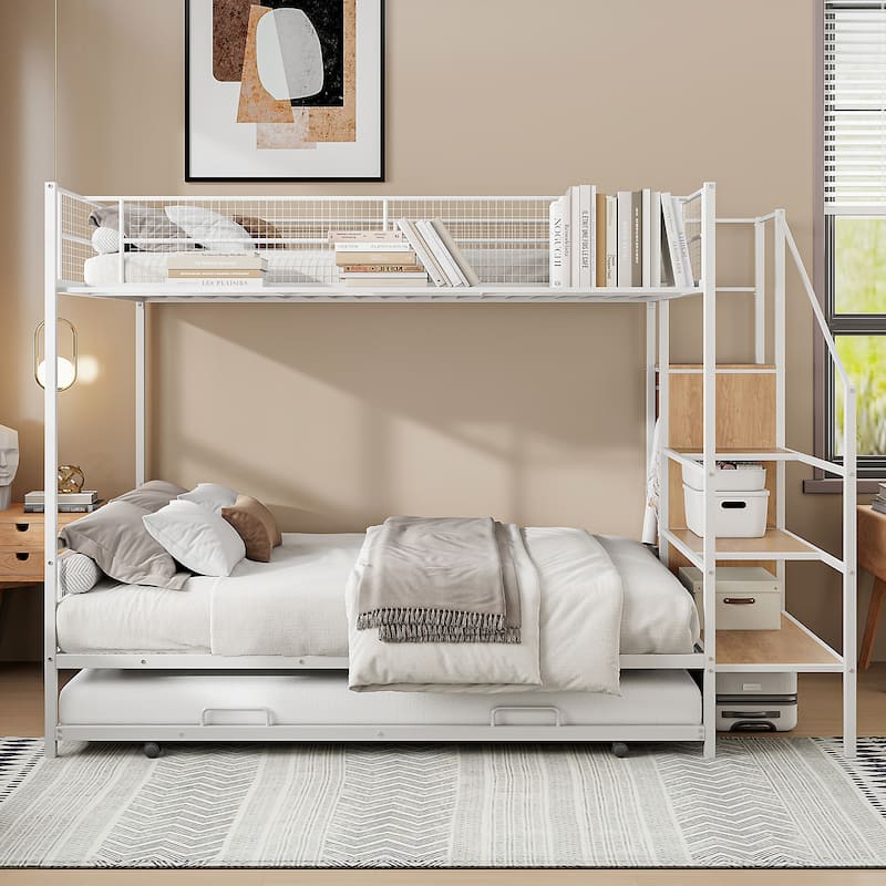 Twin over Full Metal Bunk Bed with Trundle and Storage Ladder - White