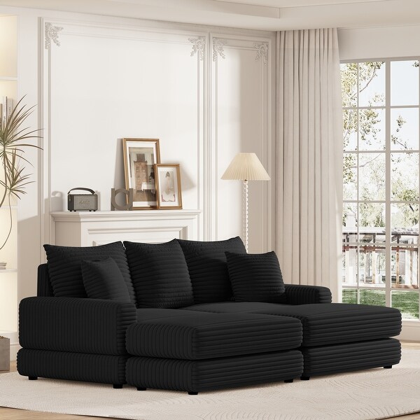 Lazy Sectional Sofa Zen Chair Sets 3-seat Black Corduroy Couch