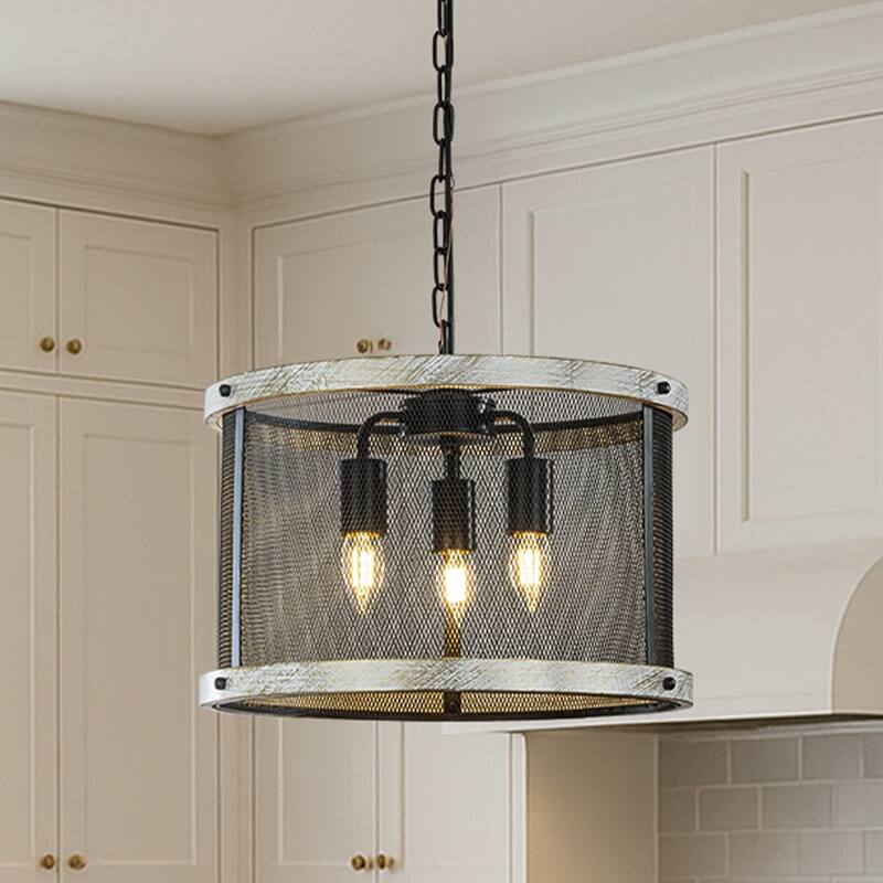 3-Light 16" Black Mesh And Weathered White Wood Frame Rustic Farmhouse Industrial Drum Chandelier Pendant Dining Room - W16''