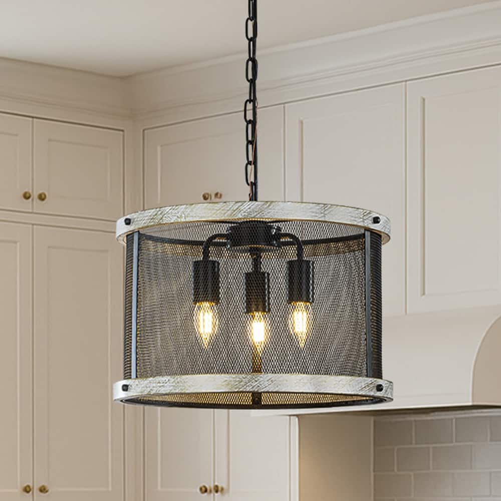 3-Light 16" Black Mesh And Weathered White Wood Frame Rustic Farmhouse Industrial Drum Chandelier Pendant Dining Room - W16''