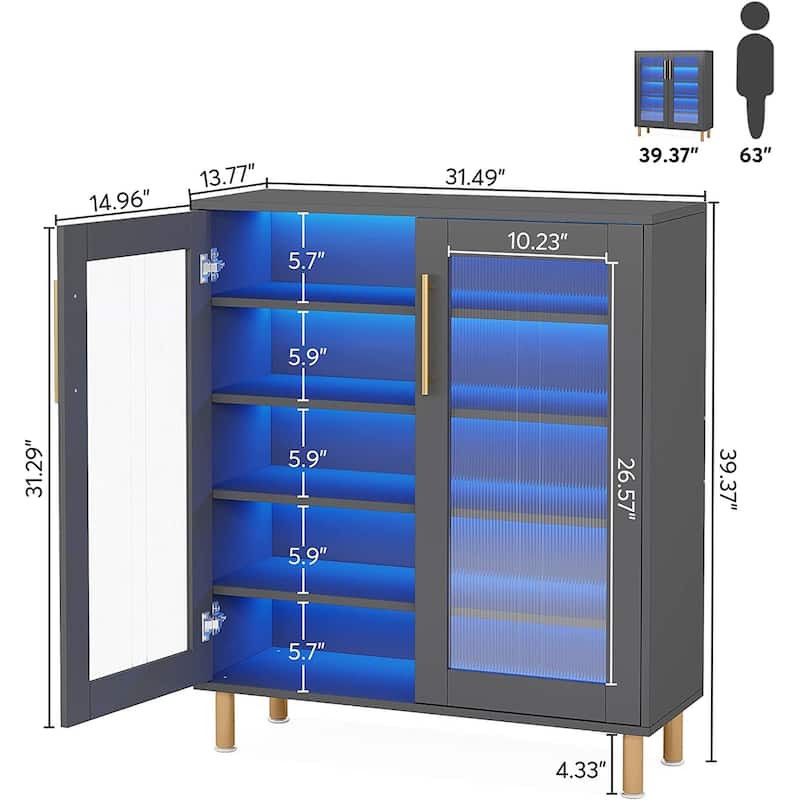 5-Tier Wood Shoe Rack with Acrylic Doors and LED Light for Entryway