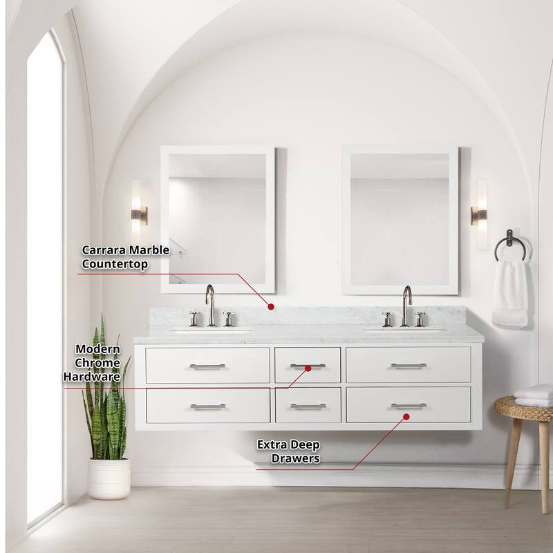 Lexora Castor Double Bath Vanity, Carrara Marble Top, Faucet Set, and Mirrors