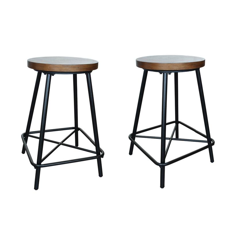 Set of 2 Brown Black Farmhouse Counter Stools with Tubular Base 24"