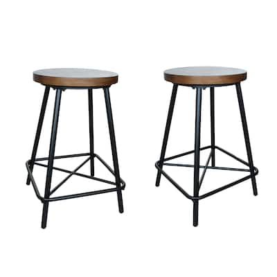 Set of 2 Brown Black Farmhouse Counter Stools with Tubular Base 24"