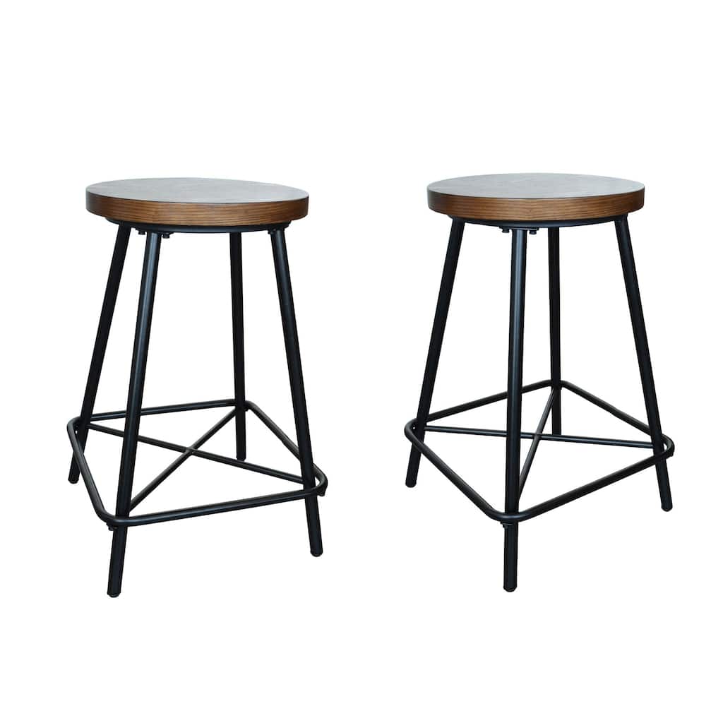 Set of 2 Brown Black Farmhouse Counter Stools with Tubular Base 24"
