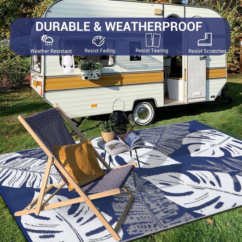 Outdoor Rug Waterproof Reversible Rug Modern Leaves Plastic Straw Area Rug