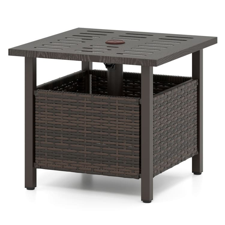 Mix Brown Rattan Umbrella Side Table with Rustproof Zinc-Iron Alloy and Adjustable Foot Pads - 22" x 22" x 19"