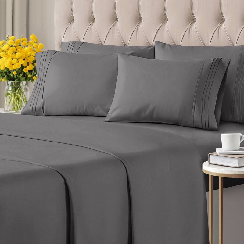 CGK Linens 6 Piece Solid Deep Pockets Microfiber, Easy-Fit Bed Sheet Set - California King - Dark Grey